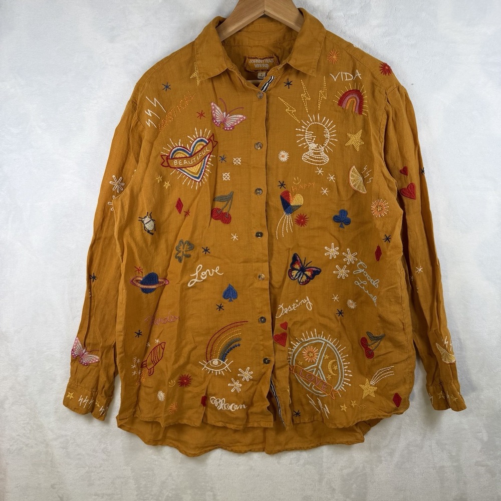 Johnny Was Golden Nila Relaxed Smocked Top S fit Embroidered Garden Life
